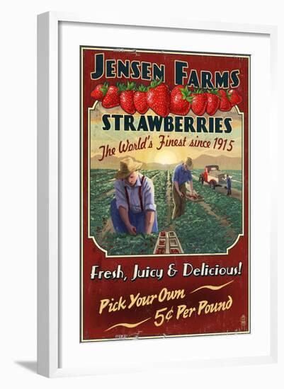 Strawberry Farm - Vintage Sign-Lantern Press-Framed Art Print