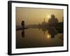 Stray Dog on a Sand Bank of the Yamuna River as the Sun is Seen Rising over the Taj Mahal in India-null-Framed Photographic Print