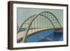 Streamlined Boat under Bridge-null-Framed Premium Giclee Print