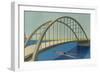 Streamlined Boat under Bridge-null-Framed Premium Giclee Print