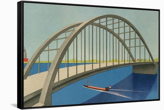 Streamlined Boat under Bridge-null-Framed Stretched Canvas