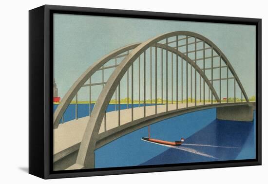 Streamlined Boat under Bridge-null-Framed Stretched Canvas