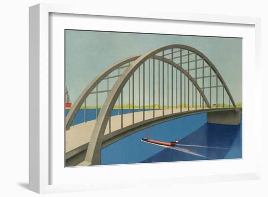 Streamlined Boat under Bridge-null-Framed Art Print