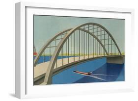 Streamlined Boat under Bridge-null-Framed Art Print