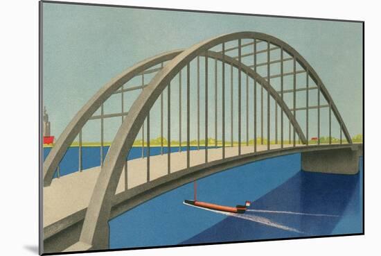 Streamlined Boat under Bridge-null-Mounted Art Print