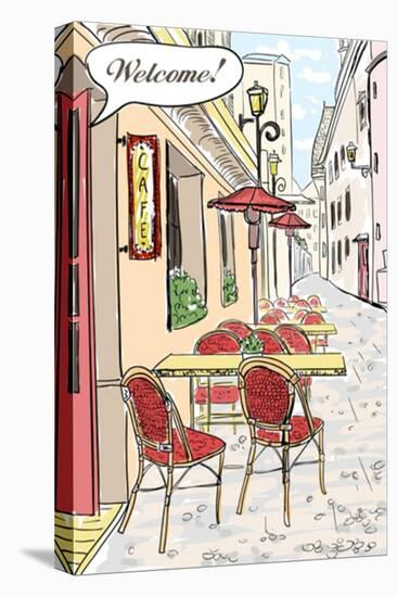 Street Cafe In Old Town Sketch Illustration-Selenka-Stretched Canvas