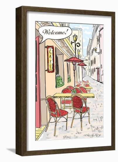 Street Cafe In Old Town Sketch Illustration-Selenka-Framed Art Print