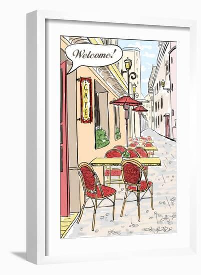 Street Cafe In Old Town Sketch Illustration-Selenka-Framed Art Print