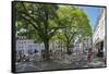 Street cafe on St. Johanner Markt Square in the Old Town, Saarbrucken, Saarland, Germany, Europe-Hans-Peter Merten-Framed Stretched Canvas