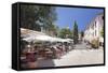 Street Cafes and Restaurant at Market Place Placa Major, Pollenca, Majorca-Markus Lange-Framed Stretched Canvas