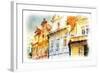 Street In Old Part Of Prague Made In Artistic Watercolor Style With Texture-Timofeeva Maria-Framed Art Print
