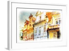 Street In Old Part Of Prague Made In Artistic Watercolor Style With Texture-Timofeeva Maria-Framed Art Print