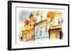 Street In Old Part Of Prague Made In Artistic Watercolor Style With Texture-Timofeeva Maria-Framed Art Print