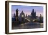 Street lanterns and old statues frame the historical buildings on Charles Bridge at dawn, UNESCO Wo-Roberto Moiola-Framed Photographic Print