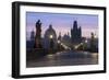 Street lanterns and old statues frame the historical buildings on Charles Bridge at dawn, UNESCO Wo-Roberto Moiola-Framed Photographic Print