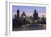 Street lanterns and old statues frame the historical buildings on Charles Bridge at dawn, UNESCO Wo-Roberto Moiola-Framed Photographic Print