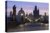 Street lanterns and old statues frame the historical buildings on Charles Bridge at dawn, UNESCO Wo-Roberto Moiola-Stretched Canvas