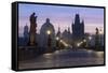 Street lanterns and old statues frame the historical buildings on Charles Bridge at dawn, UNESCO Wo-Roberto Moiola-Framed Stretched Canvas