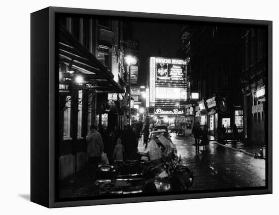 Street Scene at Night in London Around Shaftsbury Avenue Theatre District, February 1987-null-Framed Stretched Canvas
