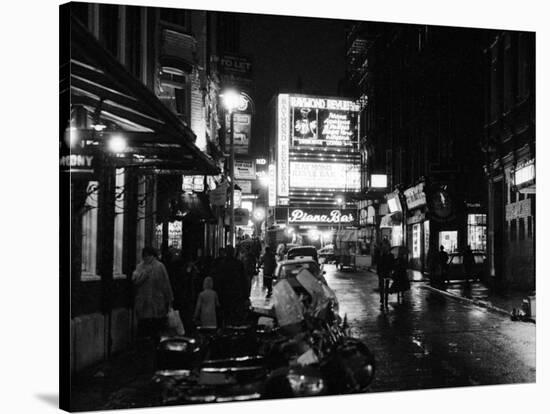 Street Scene at Night in London Around Shaftsbury Avenue Theatre District, February 1987-null-Stretched Canvas