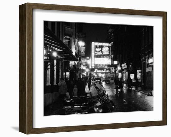 Street Scene at Night in London Around Shaftsbury Avenue Theatre District, February 1987-null-Framed Premium Photographic Print
