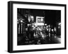 Street Scene at Night in London Around Shaftsbury Avenue Theatre District, February 1987-null-Framed Premium Photographic Print
