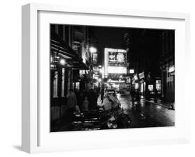 Street Scene at Night in London Around Shaftsbury Avenue Theatre District, February 1987-null-Framed Premium Photographic Print