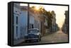 Street Scene at Sunrise with Vintage American Car, Cienfuegos, Cuba-Lee Frost-Framed Stretched Canvas