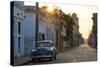 Street Scene at Sunrise with Vintage American Car, Cienfuegos, Cuba-Lee Frost-Stretched Canvas