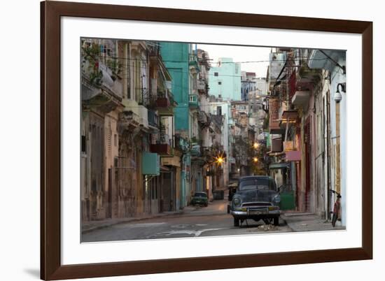 Street Scene before Sunrise - Dilapidated Buildings Crowded Together and Vintage American Cars-Lee Frost-Framed Photographic Print