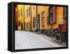 Street Scene in Gamla Stan Section with Bicycle and Mailbox, Stockholm, Sweden-Nancy & Steve Ross-Framed Stretched Canvas