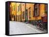 Street Scene in Gamla Stan Section with Bicycle and Mailbox, Stockholm, Sweden-Nancy & Steve Ross-Framed Stretched Canvas