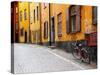 Street Scene in Gamla Stan Section with Bicycle and Mailbox, Stockholm, Sweden-Nancy & Steve Ross-Stretched Canvas