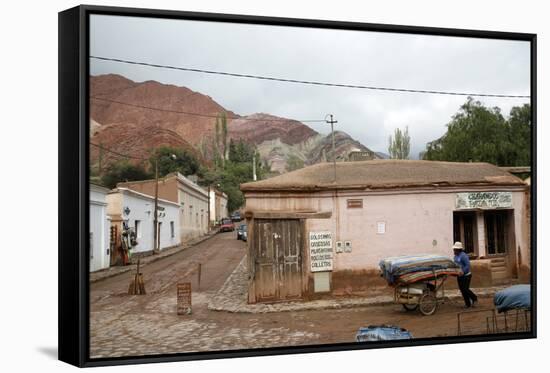 Street Scene in Purmamarca with the Mountain of Seven Colors in the Background-Yadid Levy-Framed Stretched Canvas