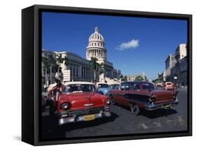 Street Scene of Old American Automobiles Near the Capitolio Building in Central Havana, Cuba-Mawson Mark-Framed Stretched Canvas