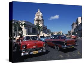 Street Scene of Old American Automobiles Near the Capitolio Building in Central Havana, Cuba-Mawson Mark-Stretched Canvas