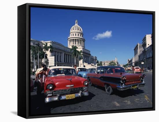Street Scene of Old American Automobiles Near the Capitolio Building in Central Havana, Cuba-Mawson Mark-Framed Stretched Canvas