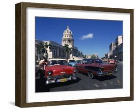 Street Scene of Old American Automobiles Near the Capitolio Building in Central Havana, Cuba-Mawson Mark-Framed Photographic Print