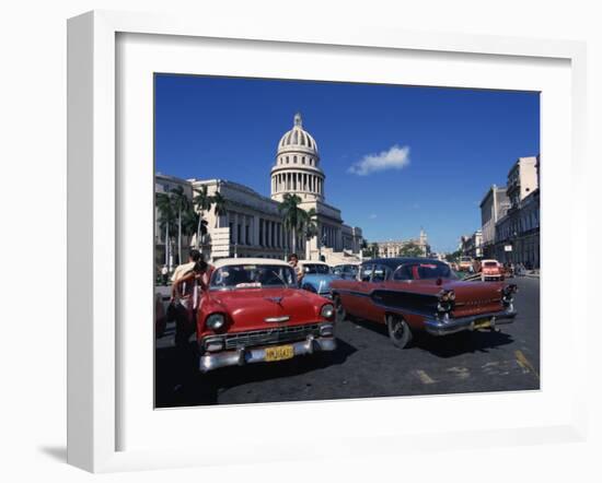 Street Scene of Old American Automobiles Near the Capitolio Building in Central Havana, Cuba-Mawson Mark-Framed Photographic Print