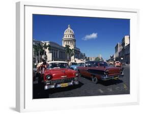 Street Scene of Old American Automobiles Near the Capitolio Building in Central Havana, Cuba-Mawson Mark-Framed Photographic Print