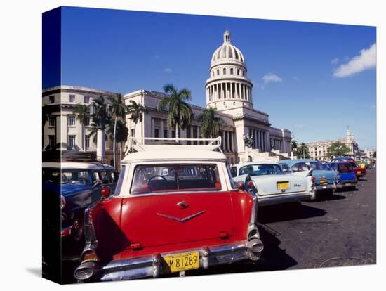 Street Scene of Taxis Parked Near the Capitolio Building in Central Havana, Cuba, West Indies-Mark Mawson-Stretched Canvas