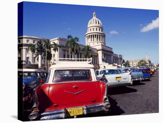 Street Scene of Taxis Parked Near the Capitolio Building in Central Havana, Cuba, West Indies-Mark Mawson-Stretched Canvas