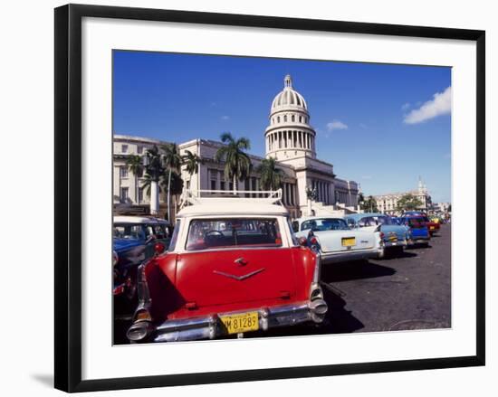 Street Scene of Taxis Parked Near the Capitolio Building in Central Havana, Cuba, West Indies-Mark Mawson-Framed Photographic Print