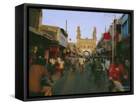 Street Scene with Bicycles and Rickshaw and the Char Minar Triumphal Arch Built in 1591, India-John Henry Claude Wilson-Framed Stretched Canvas