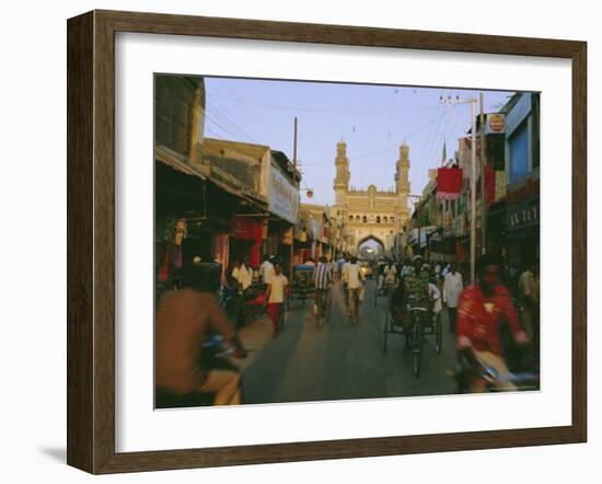 Street Scene with Bicycles and Rickshaw and the Char Minar Triumphal Arch Built in 1591, India-John Henry Claude Wilson-Framed Photographic Print