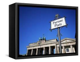 Street Sign and Brandenburg Gate, Berlin, Germany-Hans Peter Merten-Framed Stretched Canvas