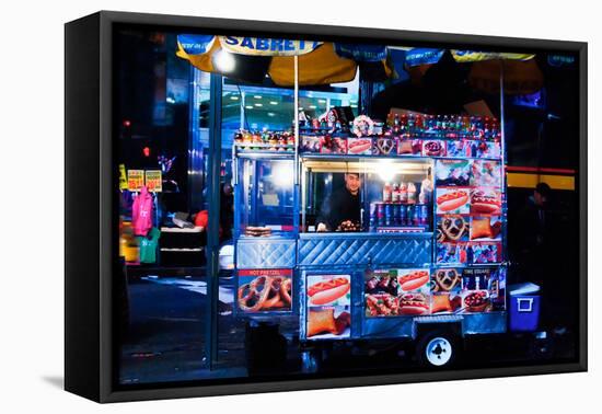 Street Vendor Selling Hot Dogs on Times Square at Night, Manhatt-Sabine Jacobs-Framed Stretched Canvas