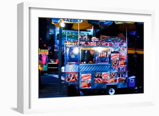 Street Vendor Selling Hot Dogs on Times Square at Night, Manhatt-Sabine Jacobs-Framed Photographic Print