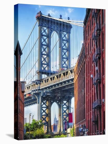 Street View of the  Manhattan Bridge Brooklyn Tower, New York City-George Oze-Stretched Canvas