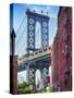 Street View of the  Manhattan Bridge Brooklyn Tower, New York City-George Oze-Stretched Canvas